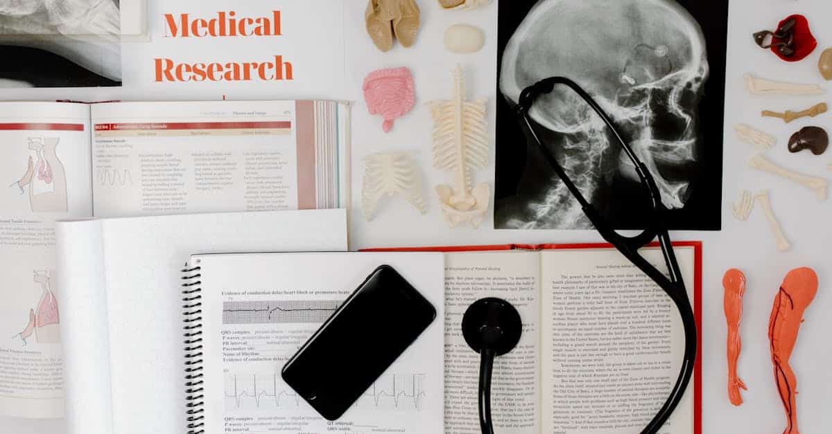 Flat lay of medical research materials with a stethoscope and anatomical models