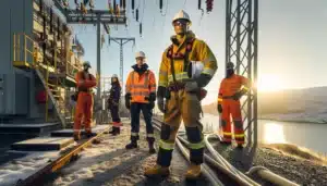 Norwegian electrician excavator operator offshore worker and it technician at fjordside site