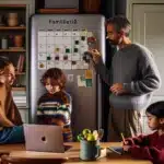 Norwegian family planning a color coded weekly calendar in the kitchen