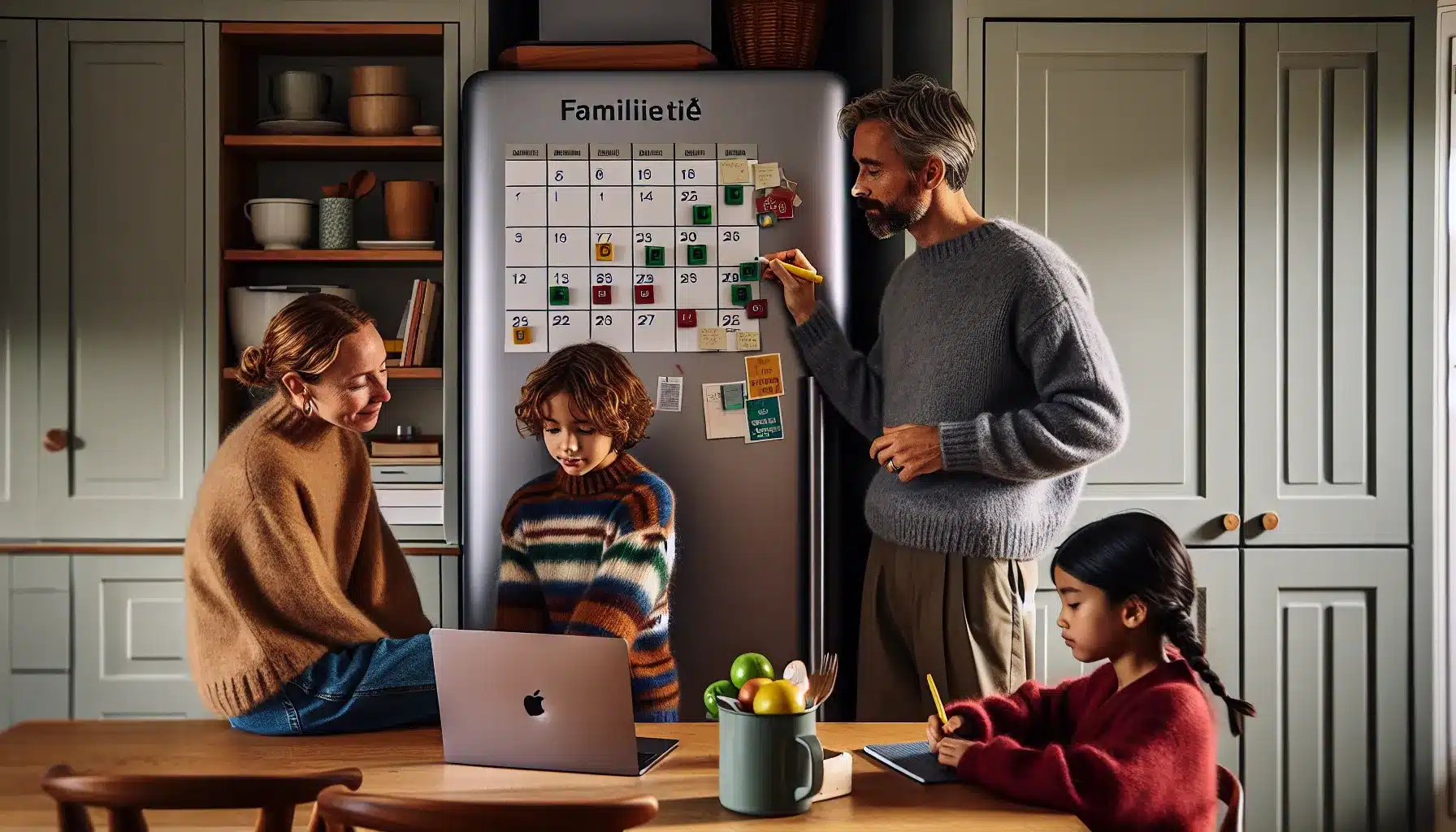 Norwegian family planning a color coded weekly calendar in the kitchen