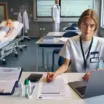 Norwegian nursing student studying legemiddelregning in a bright hospital skills lab