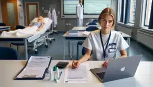 Norwegian nursing student studying legemiddelregning in a bright hospital skills lab