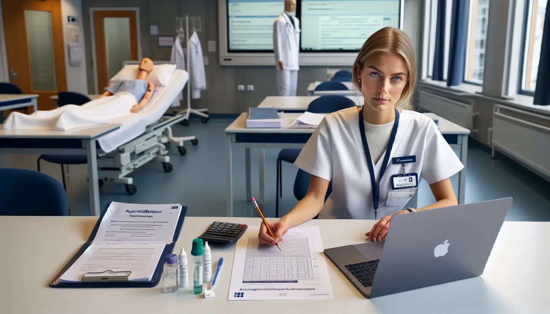 Norwegian nursing student studying legemiddelregning in a bright hospital skills lab