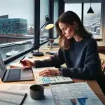 Norwegian professional studying for project management certification in an oslo office