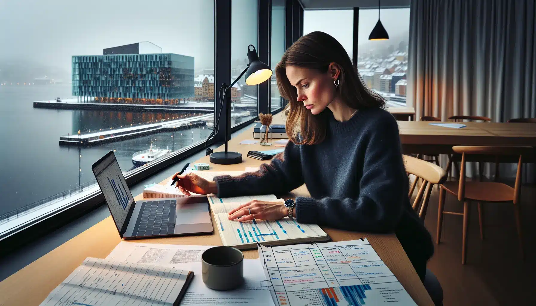 Norwegian professional studying for project management certification in an oslo office