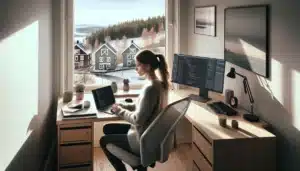 Norwegian professional working from home at ergonomic desk with dual screens