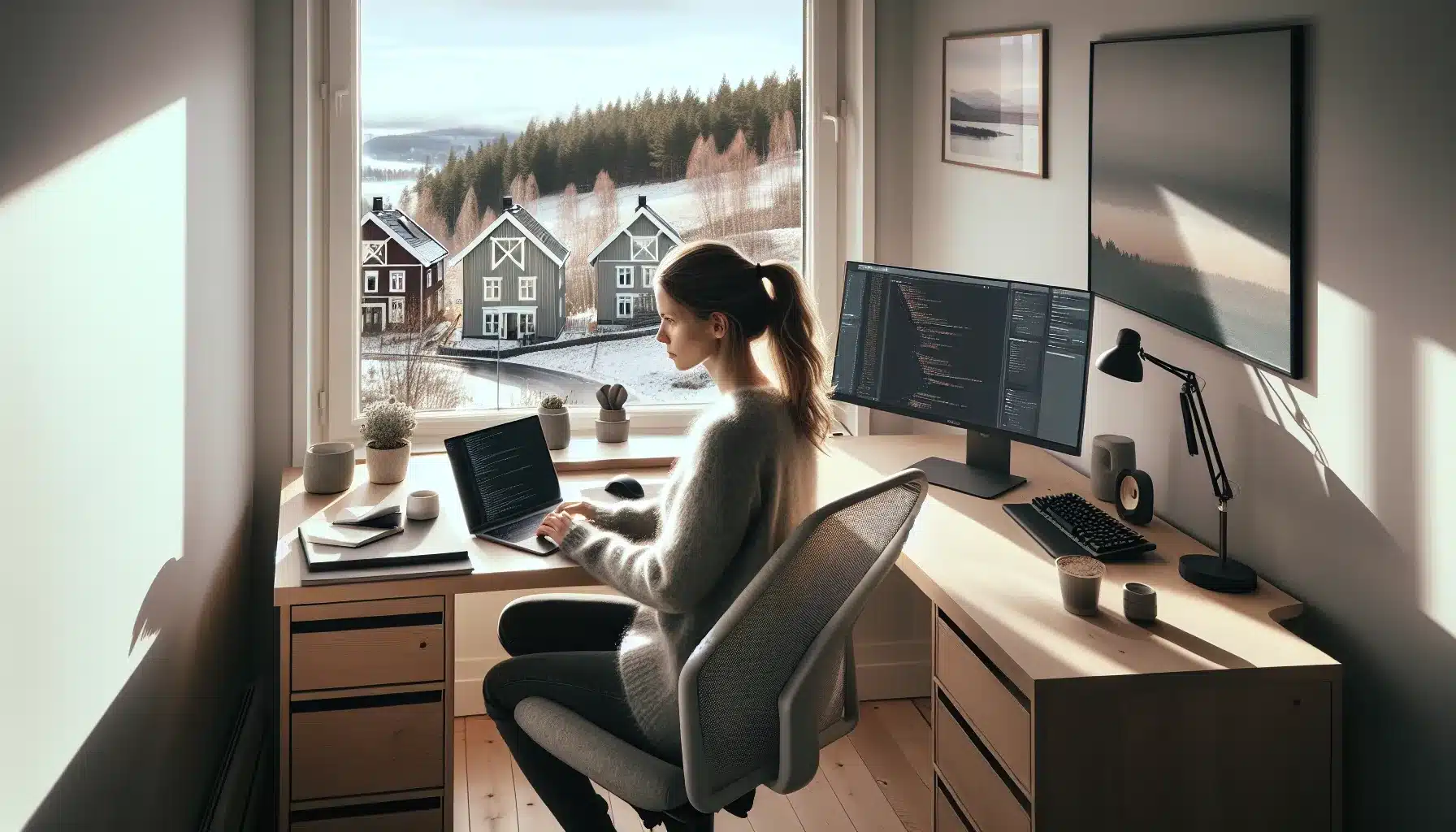 Norwegian professional working from home at ergonomic desk with dual screens