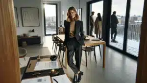 Norwegian real estate agent guiding buyers during an oslo apartment viewing