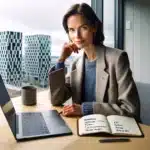 Norwegian woman updating linkedin profile on laptop in bright oslo workspace