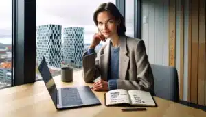 Norwegian woman updating linkedin profile on laptop in bright oslo workspace