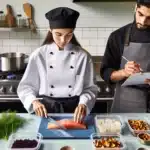 Young chef in norway preps salmon as sous chef guides beside labeled containers