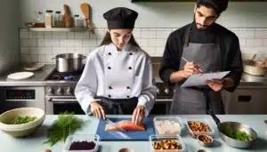 Young chef in norway preps salmon as sous chef guides beside labeled containers