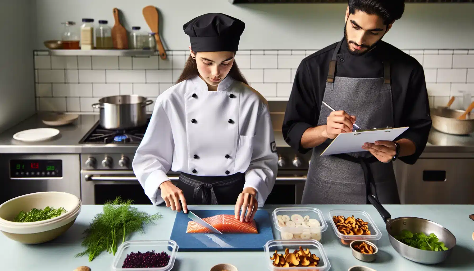 Young chef in norway preps salmon as sous chef guides beside labeled containers