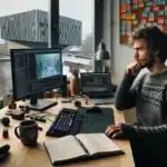 Young developer building a portfolio game in a snowy oslo apartment studio