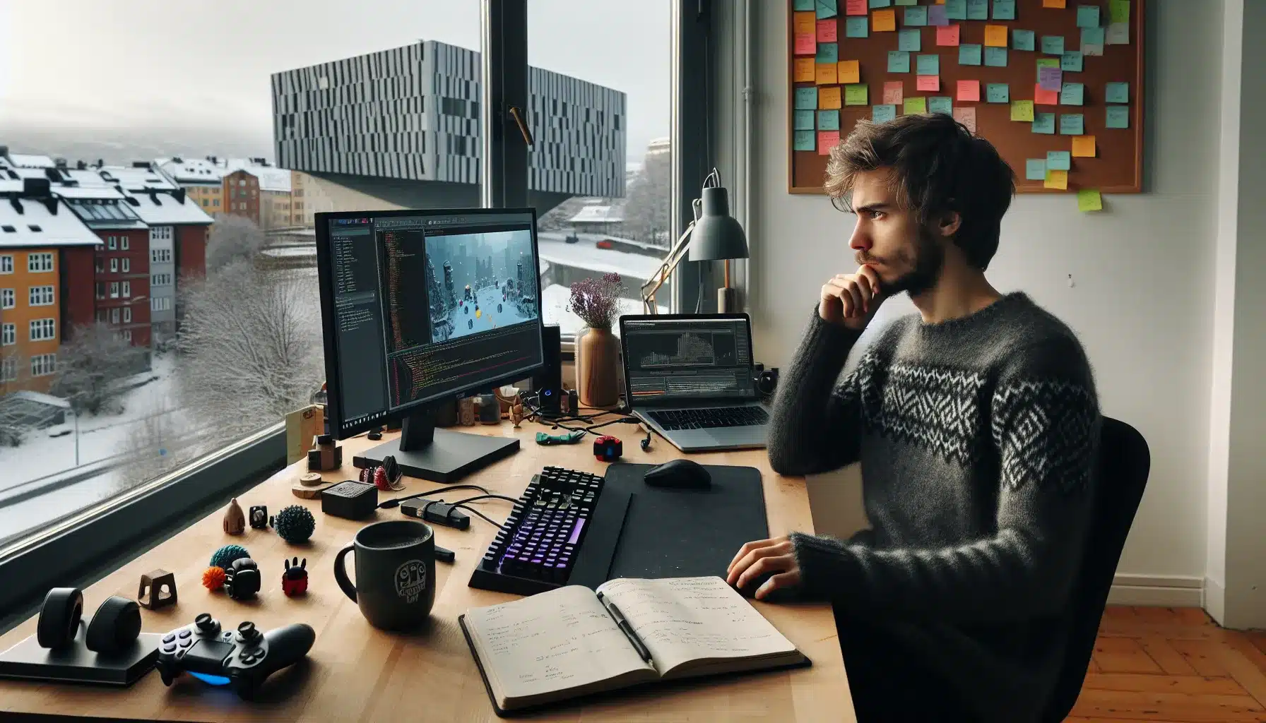 Young developer building a portfolio game in a snowy oslo apartment studio