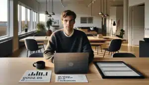 Young marketer in oslo refining a digital portfolio with analytics dashboards