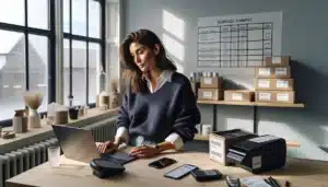 Young norwegian professional analyzing e commerce dashboard beside parcels in a bright workspace