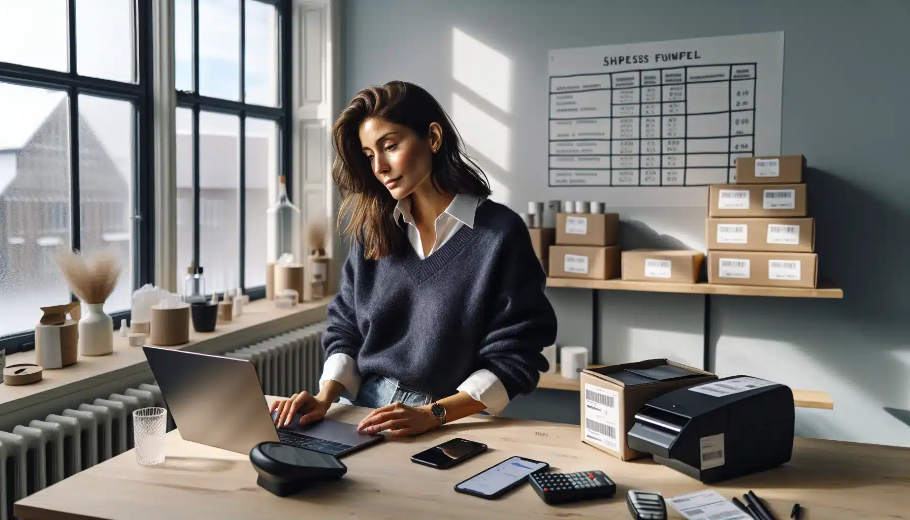Young norwegian professional analyzing e commerce dashboard beside parcels in a bright workspace